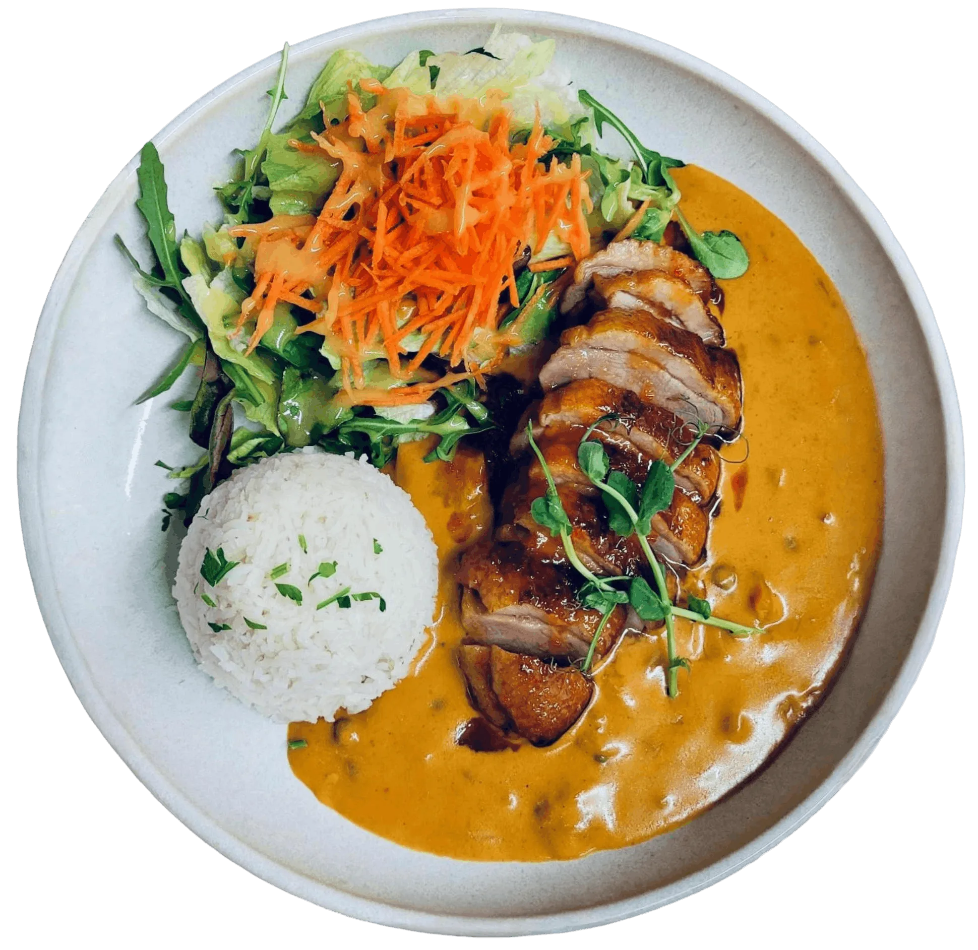 Apfelbaum – Restaurant – Dieses Gericht ist eine Portion Curry-Ente, typischerweise gebratene oder in der Pfanne angebratene Entenbrust, die in Scheiben geschnitten und in einer cremigen, herzhaften Currysauce serviert wird.