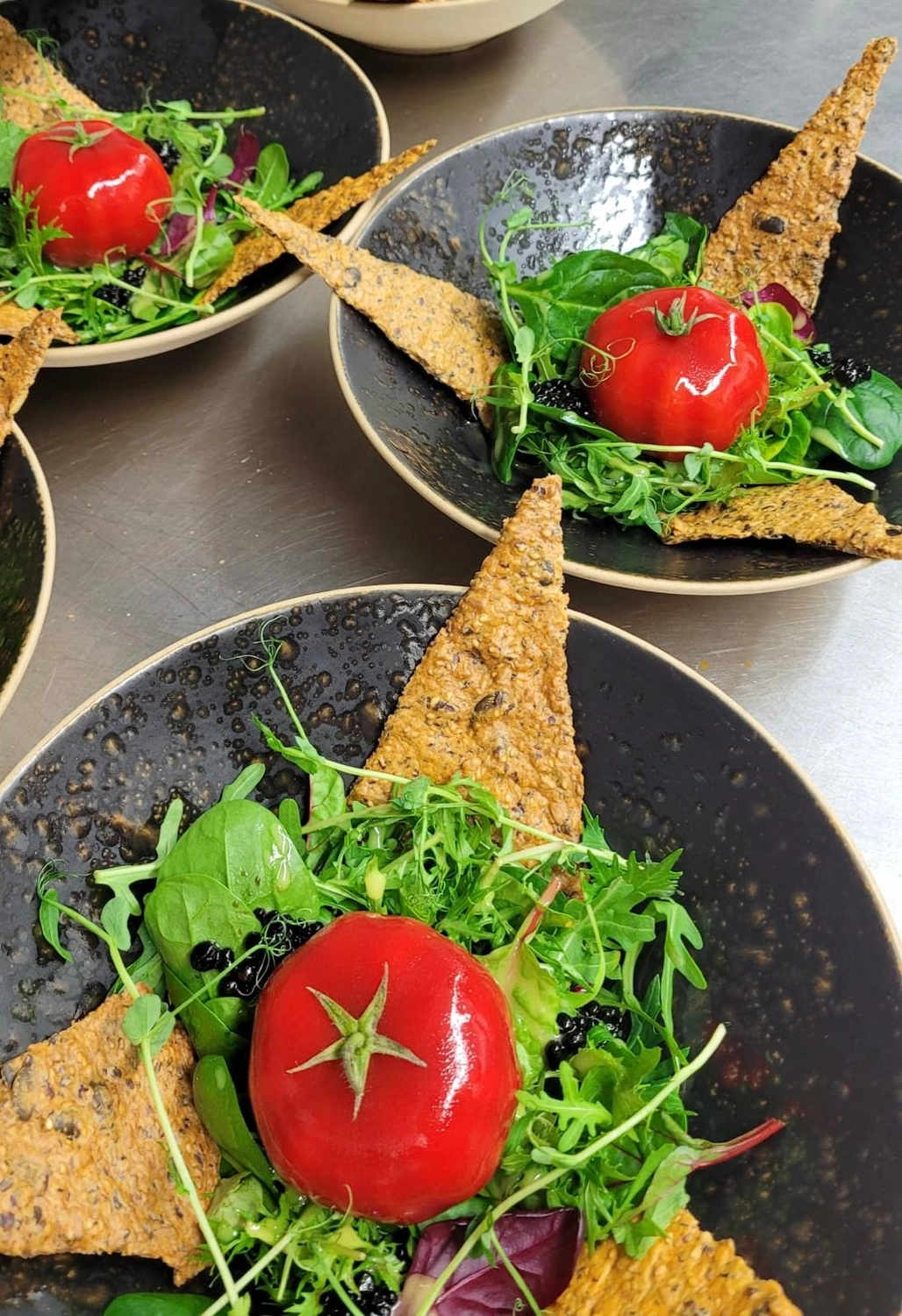 Apfelbaum – Restaurant – Dieses Bild zeigt ein Gourmetgericht bestehend aus frischem Blattgemüse, einer ganzen rohen Tomate und Saatencrackern.